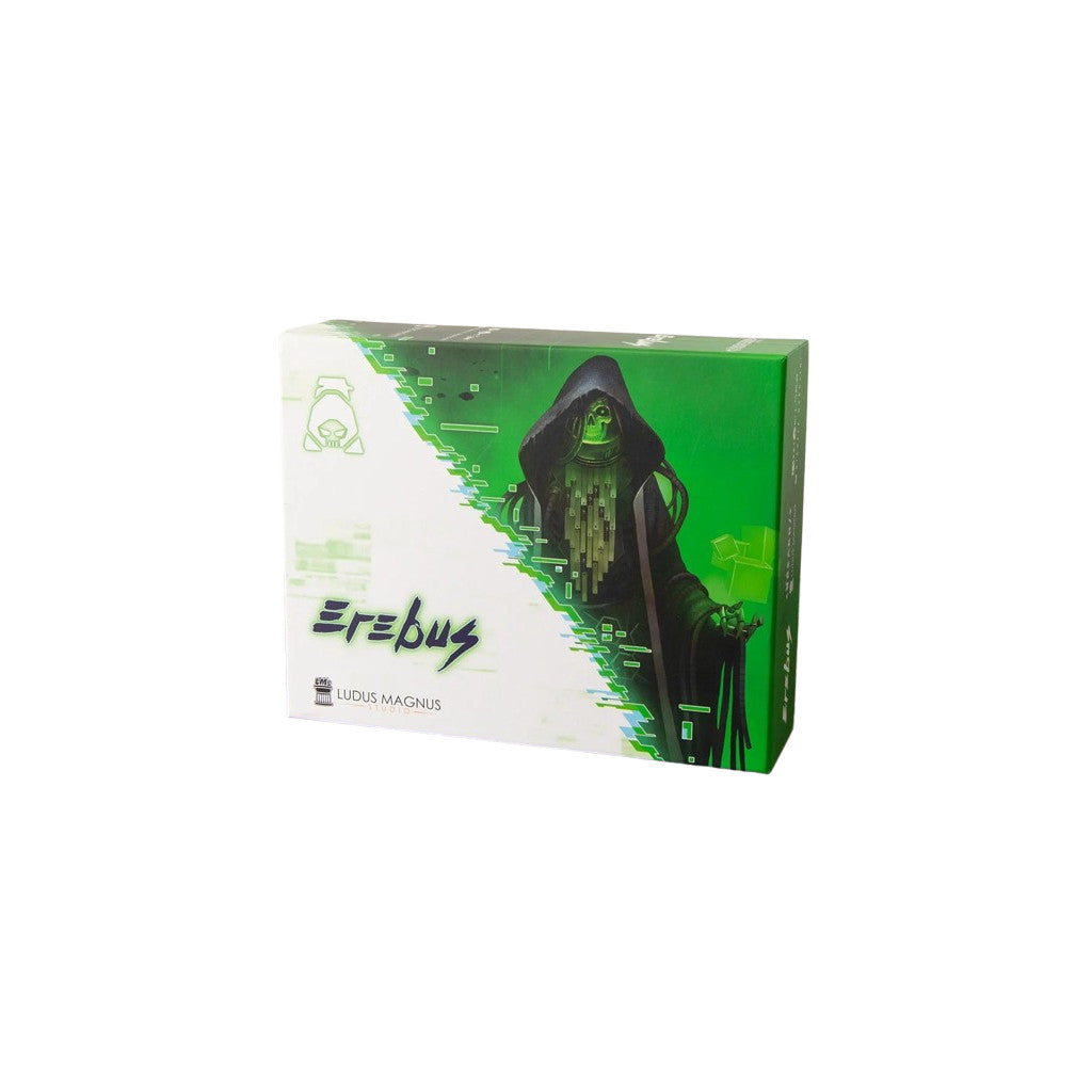 Erebus board game box: white/green. Hooded figure with glowing green face holds a cube amidst digital glitches.