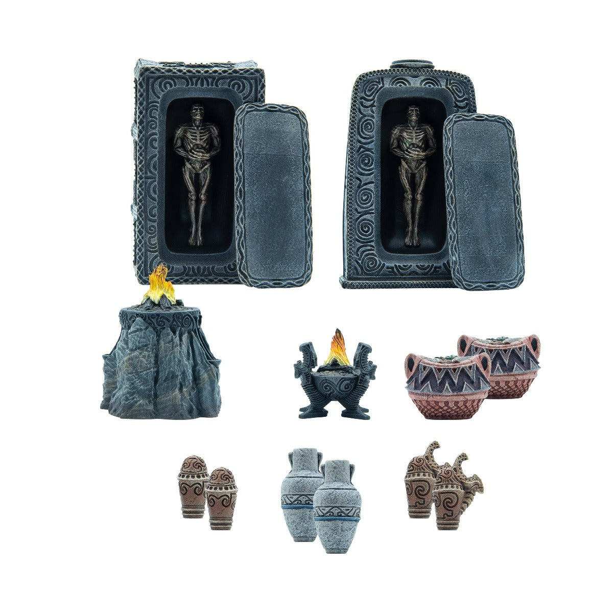 Two ornate open sarcophagi containing skeletons, alongside various ancient-style urns, vases, and burning altars and braziers