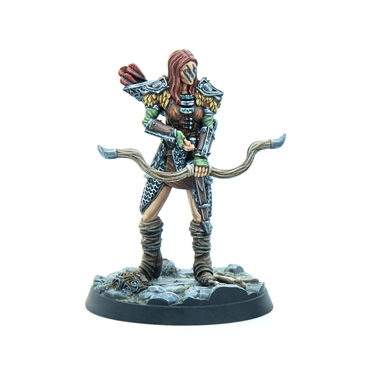 A painted miniature of a female archer with red hair, green war paint, fur and chainmail armor, holding a bow