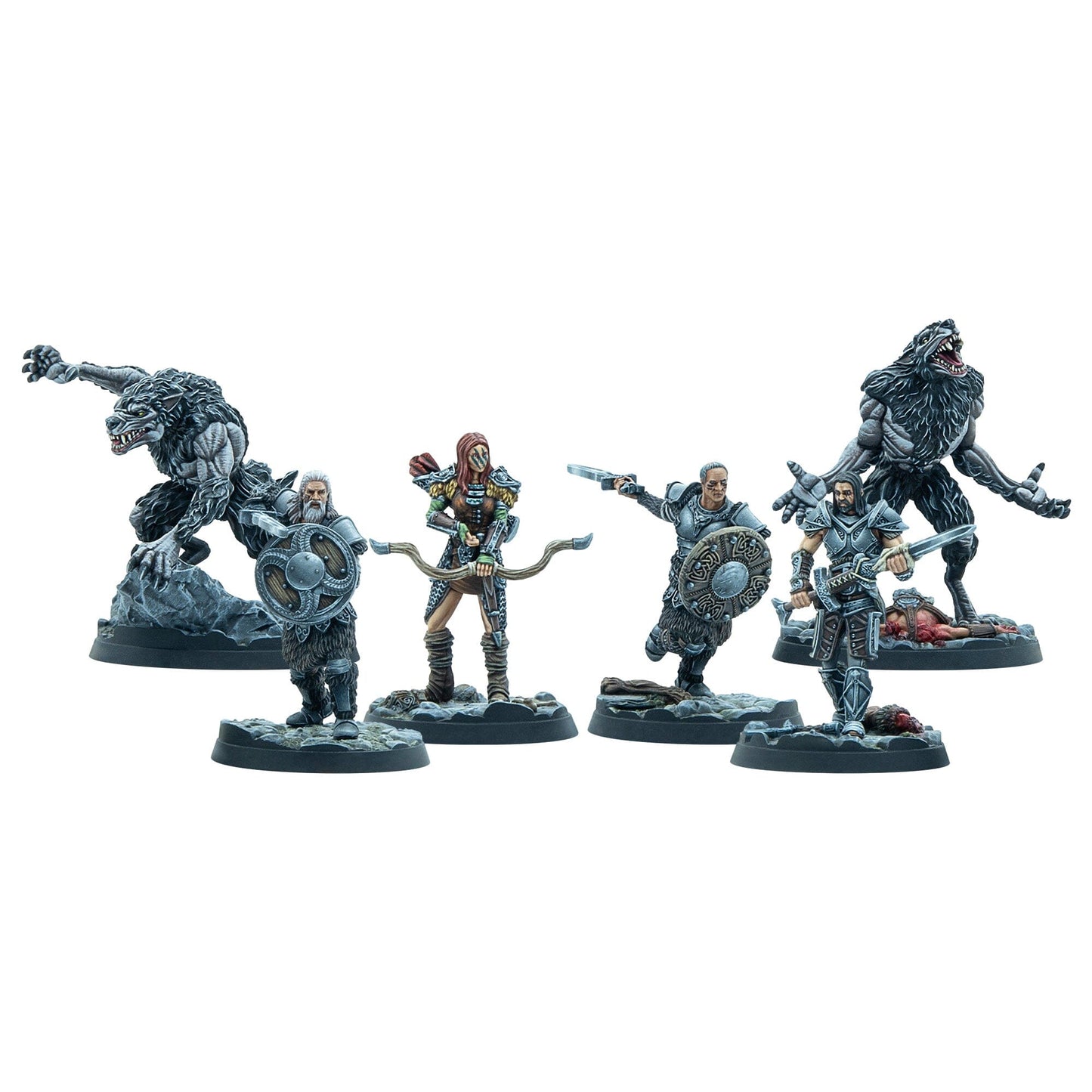 Six fantasy tabletop miniatures: two snarling werewolves and four human warriors (archer, swordsmen) in dynamic poses