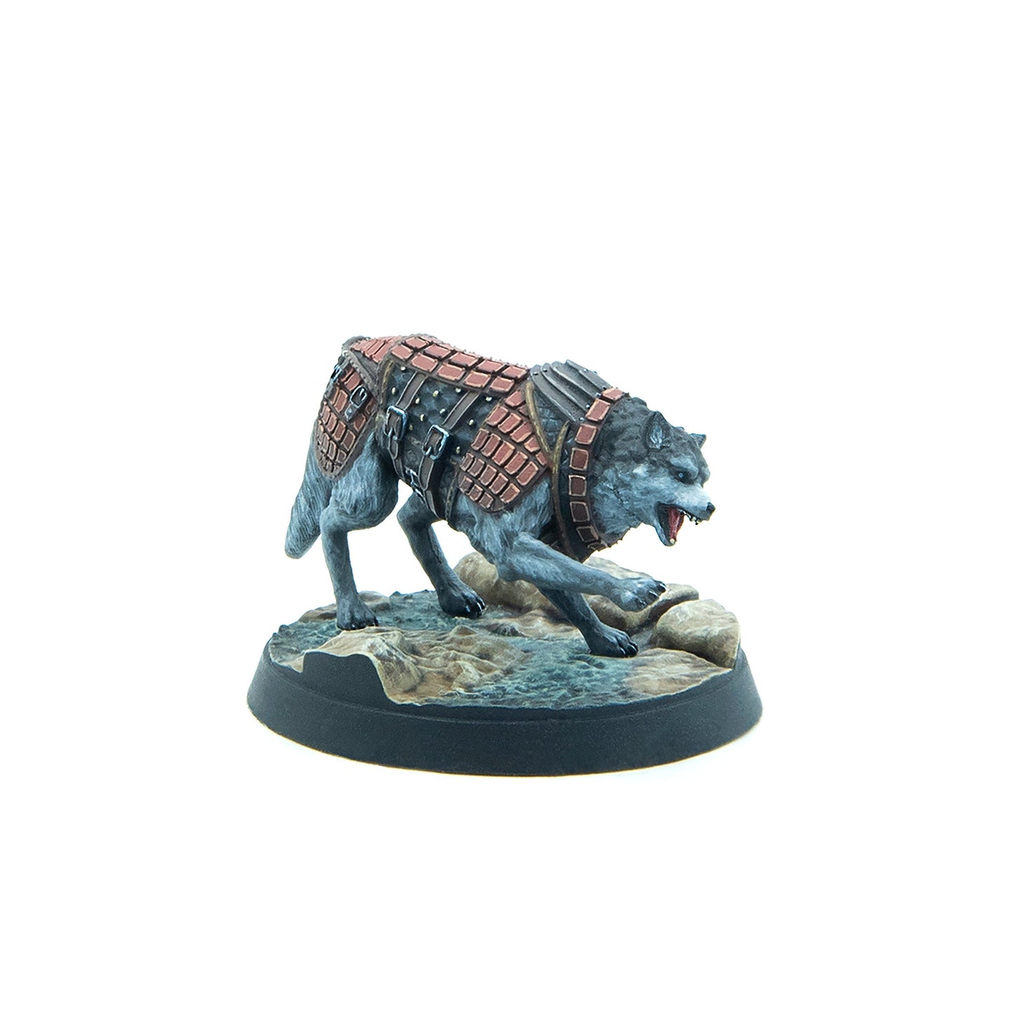 Miniature of a grey wolf wearing segmented brown armor, snarling and lunging forward on a rocky base