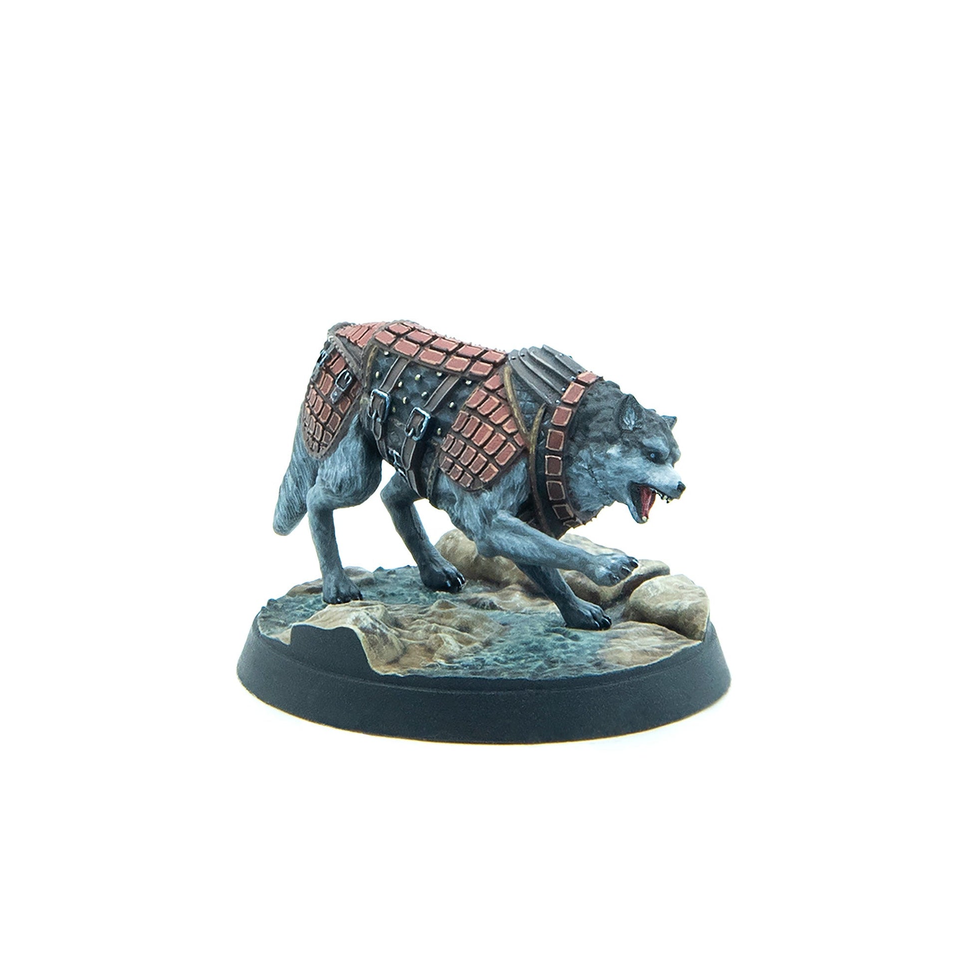 Miniature of a grey wolf wearing segmented brown armor, snarling and lunging forward on a rocky base