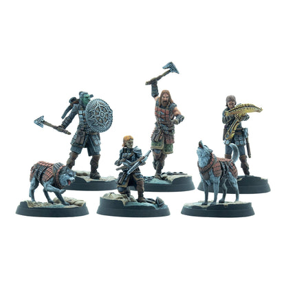 Five fantasy miniatures: three armed warriors (axes, crossbows) and two armored wolves in dynamic poses