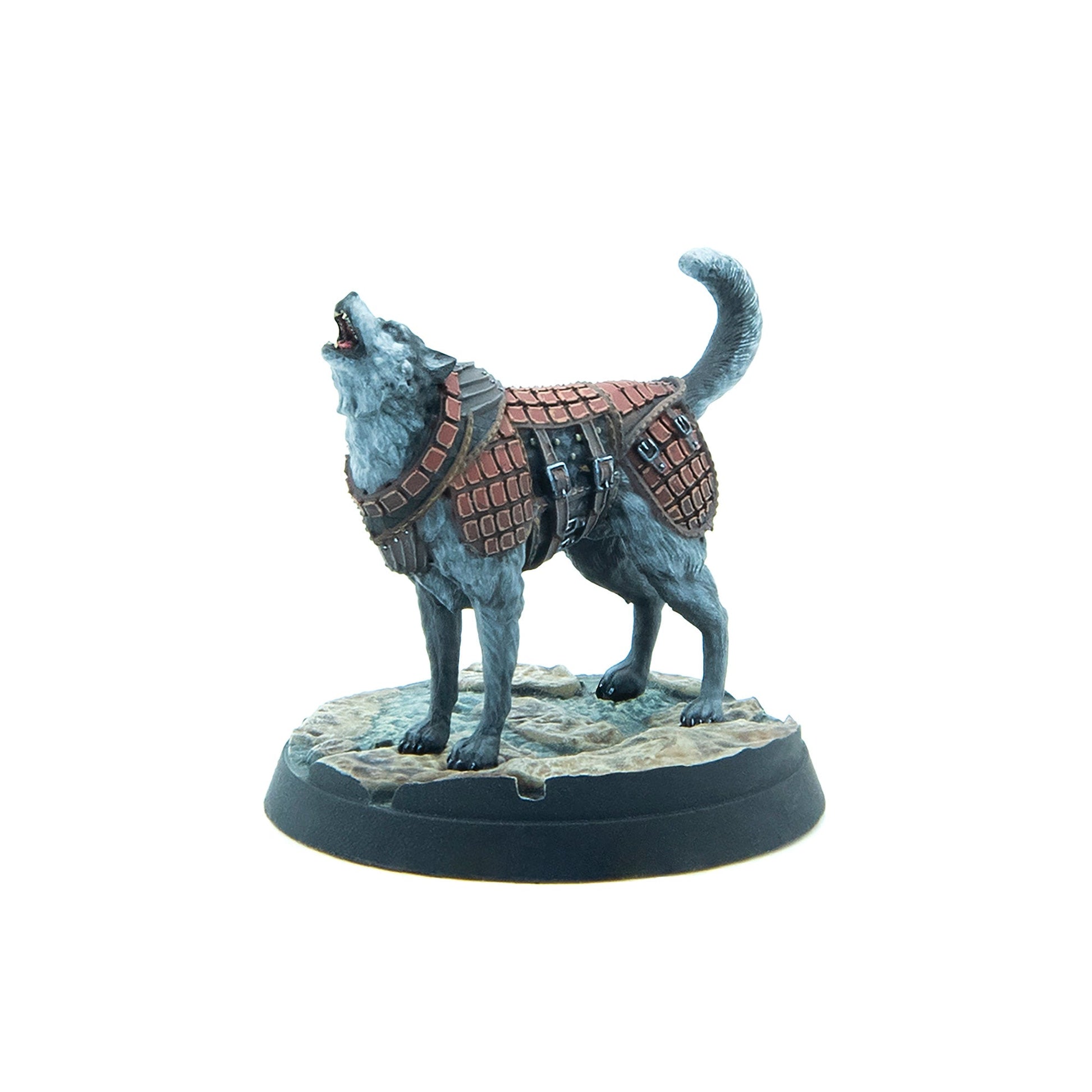 Howling wolf figure in brown segmented armor on a textured base