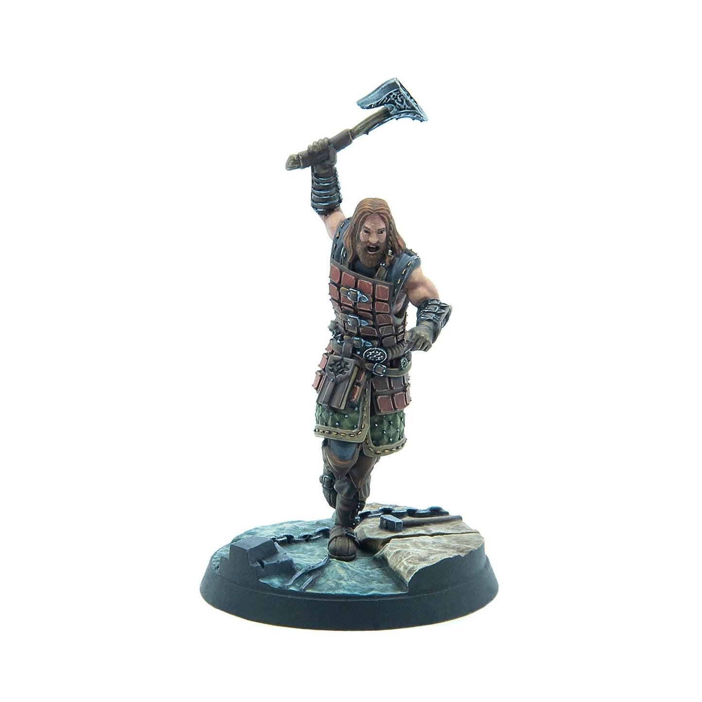 Hand-painted miniature of a bearded male warrior in segmented armor, axe raised, roaring on a rocky base