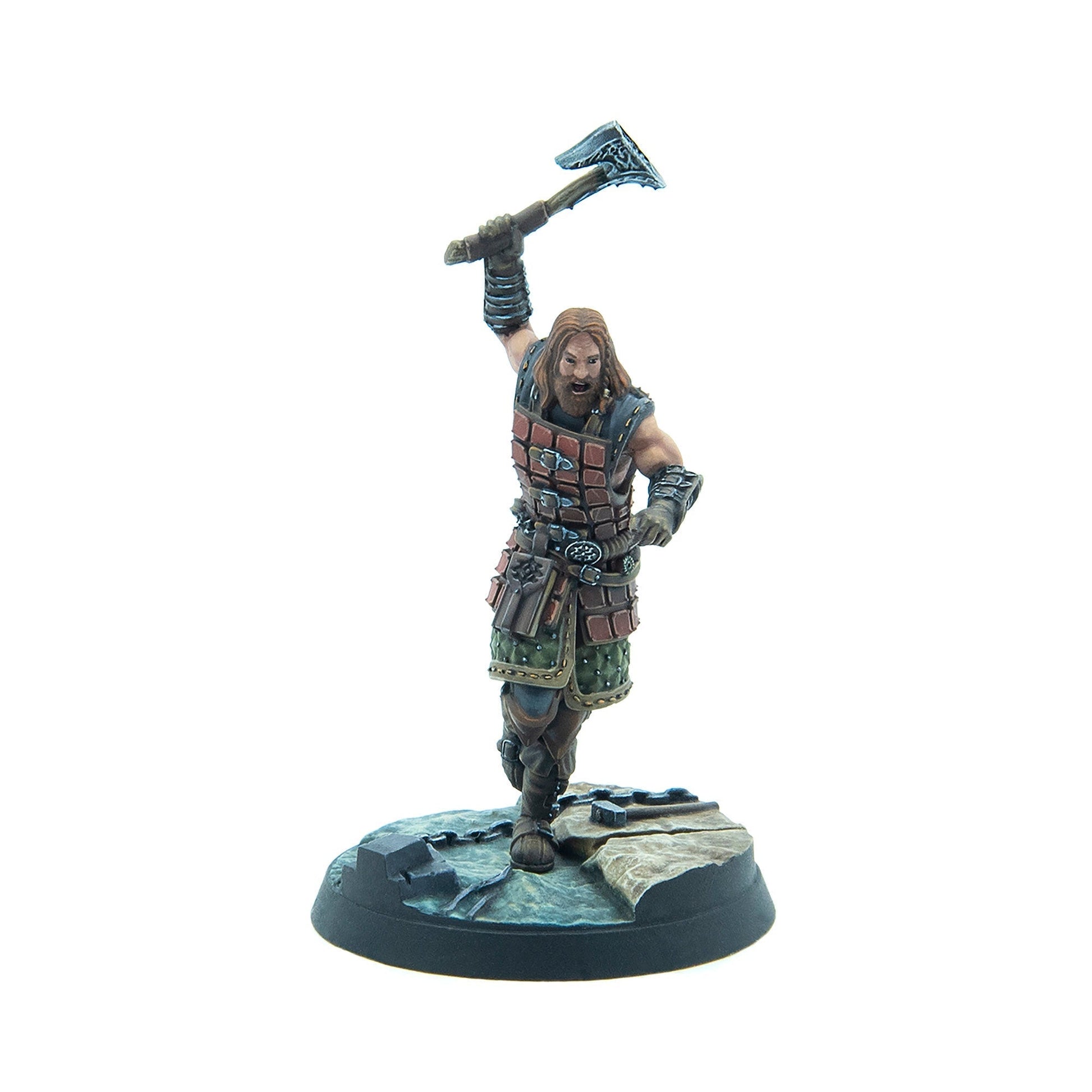 Hand-painted miniature of a bearded male warrior in segmented armor, axe raised, roaring on a rocky base