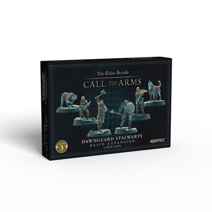 Elder Scrolls Call to Arms: Dawnguard Stalwarts box shows 6 resin figures: warriors, an orc, and an armored wolf