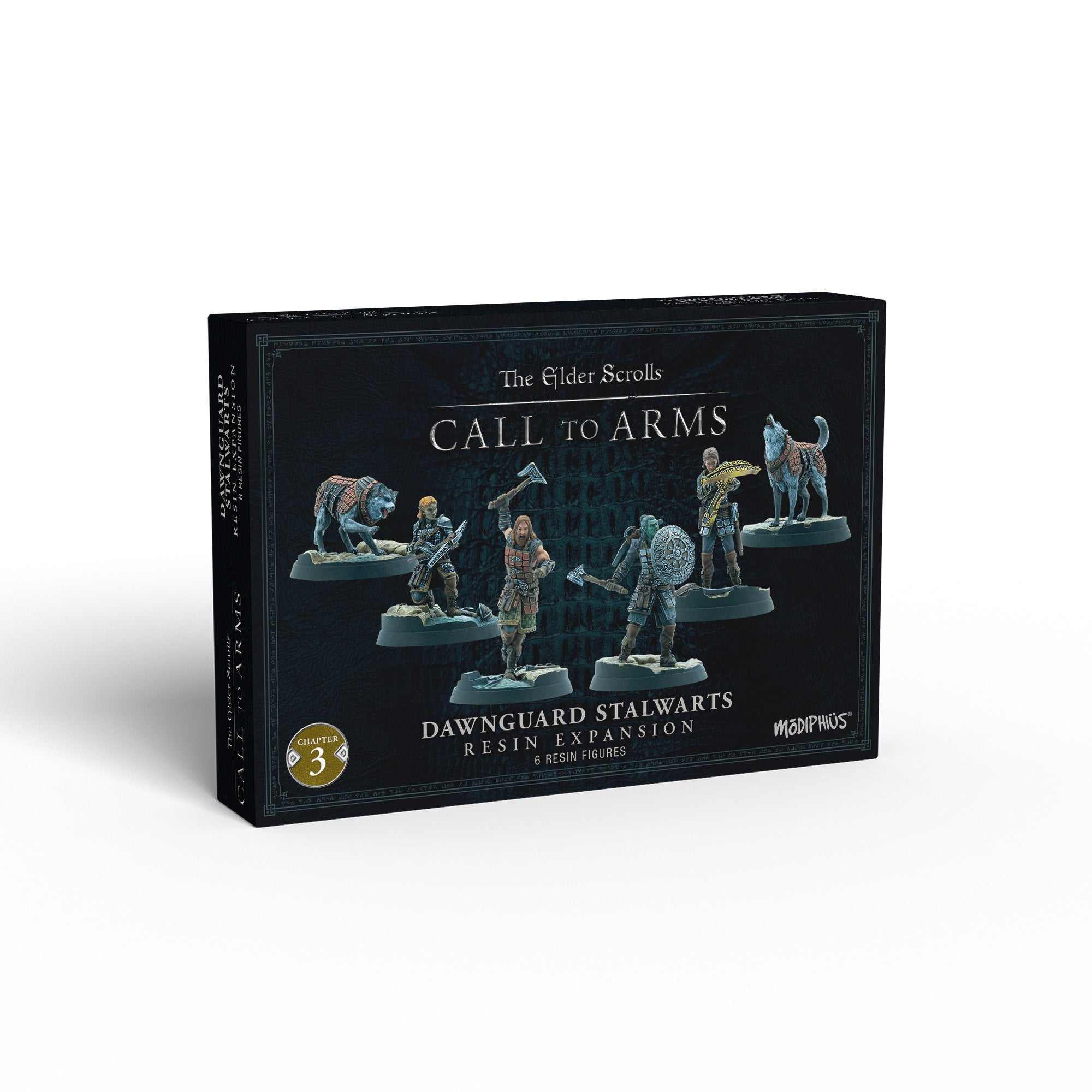 Elder Scrolls Call to Arms: Dawnguard Stalwarts box shows 6 resin figures: warriors, an orc, and an armored wolf