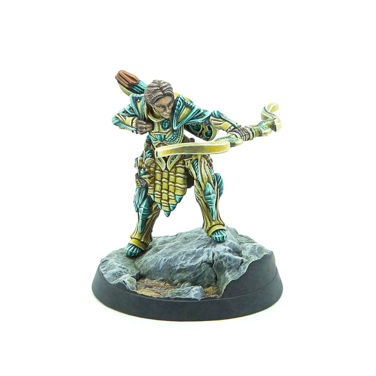 Painted miniature of an archer in green and gold armor, drawing a bow, standing on a rocky base