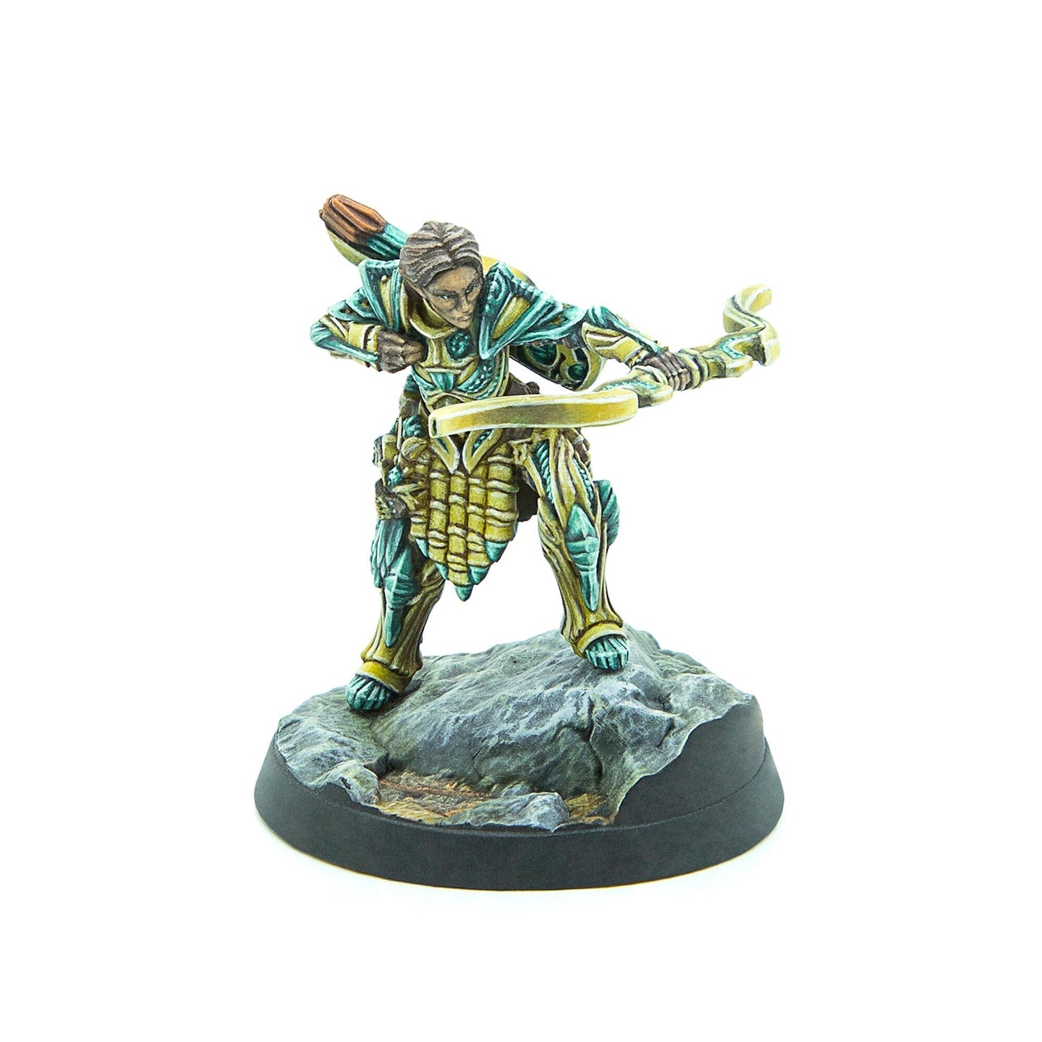 Painted miniature of an archer in green and gold armor, drawing a bow, standing on a rocky base
