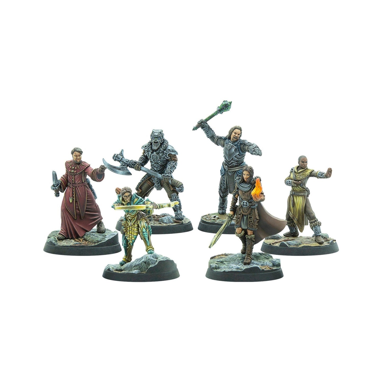 Six colorful fantasy character miniatures including warriors, a mage, and an archer, all in dynamic action poses