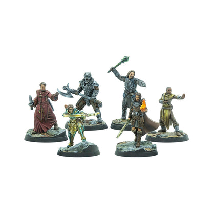 Six colorful fantasy character miniatures including warriors, a mage, and an archer, all in dynamic action poses