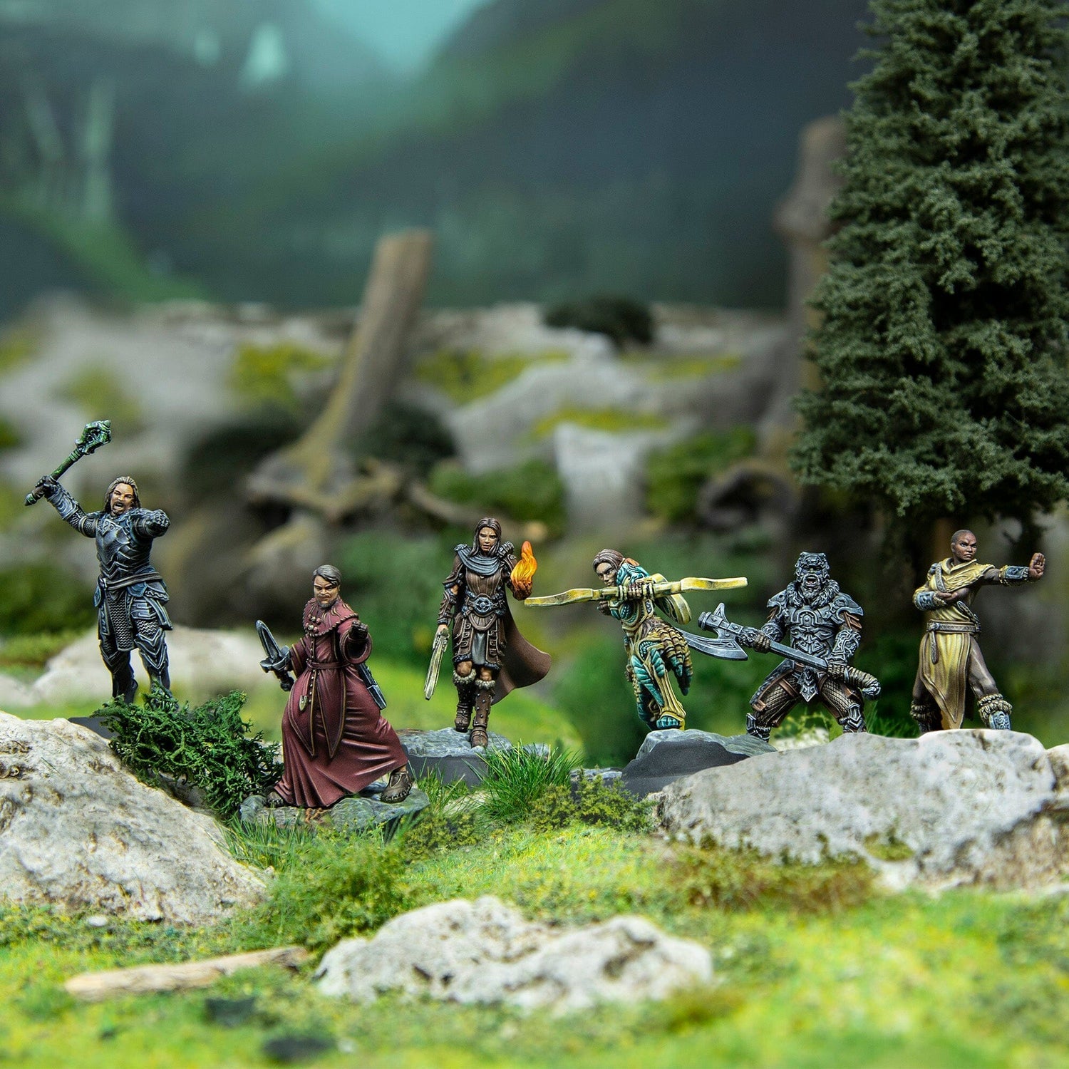 Six fantasy warrior and mage miniatures stand poised for action on a detailed forest and rock diorama