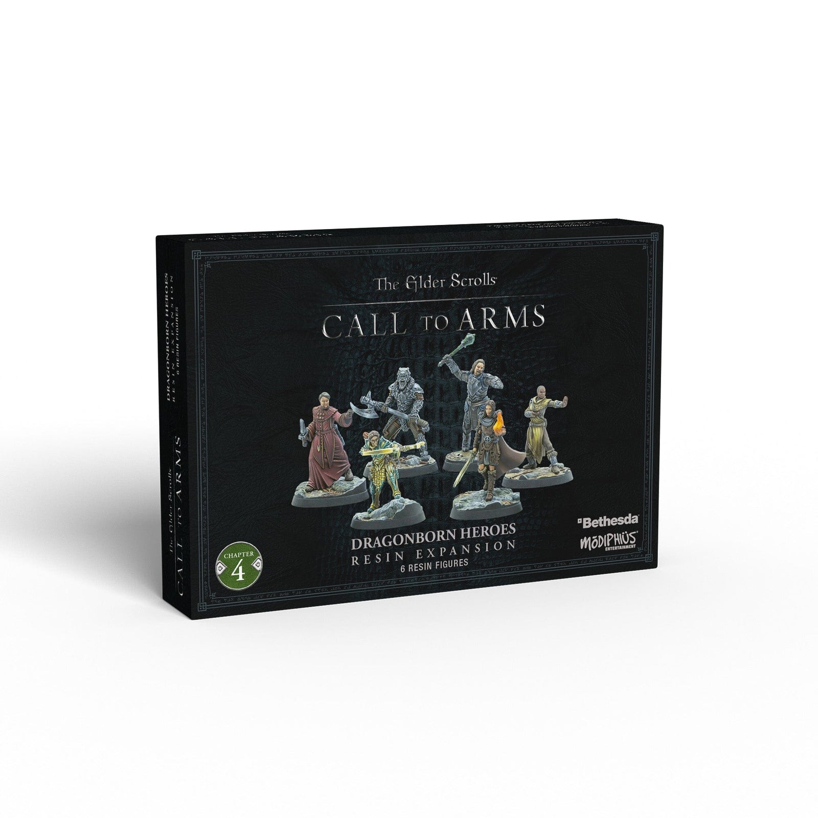 Black box for The Elder Scrolls Call to Arms: Dragonborn Heroes Resin Expansion, displaying 6 unpainted fantasy miniatures