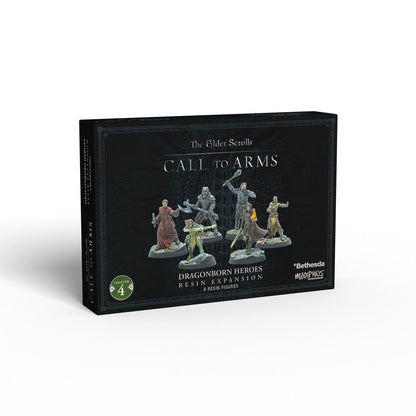 Black box for The Elder Scrolls Call to Arms: Dragonborn Heroes Resin Expansion, displaying 6 unpainted fantasy miniatures