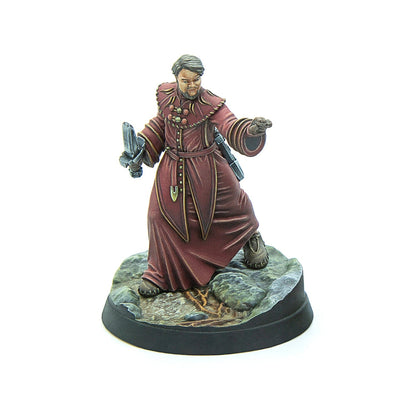 A painted miniature of a bearded man in a deep red robe, holding a dagger and extending his open hand