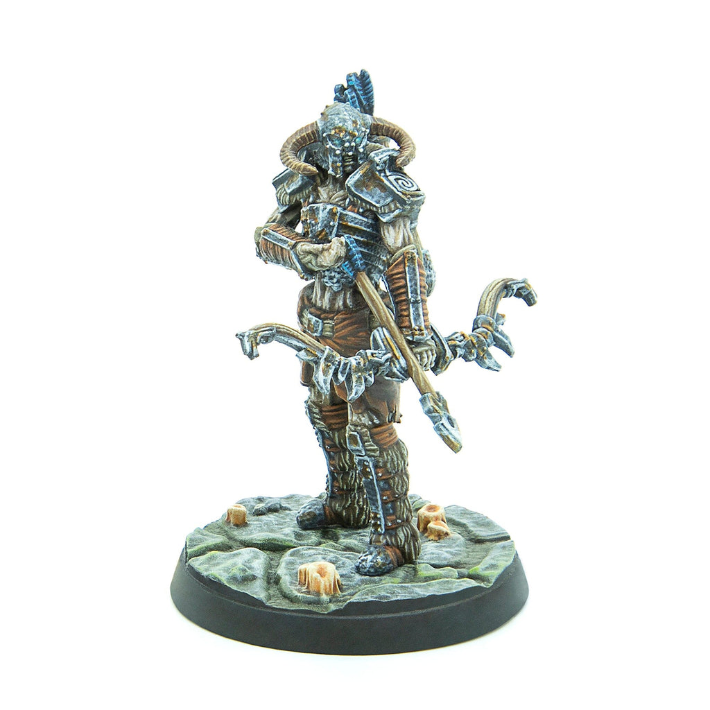 Armored, horned fantasy miniature holding a stylized bow on a textured base