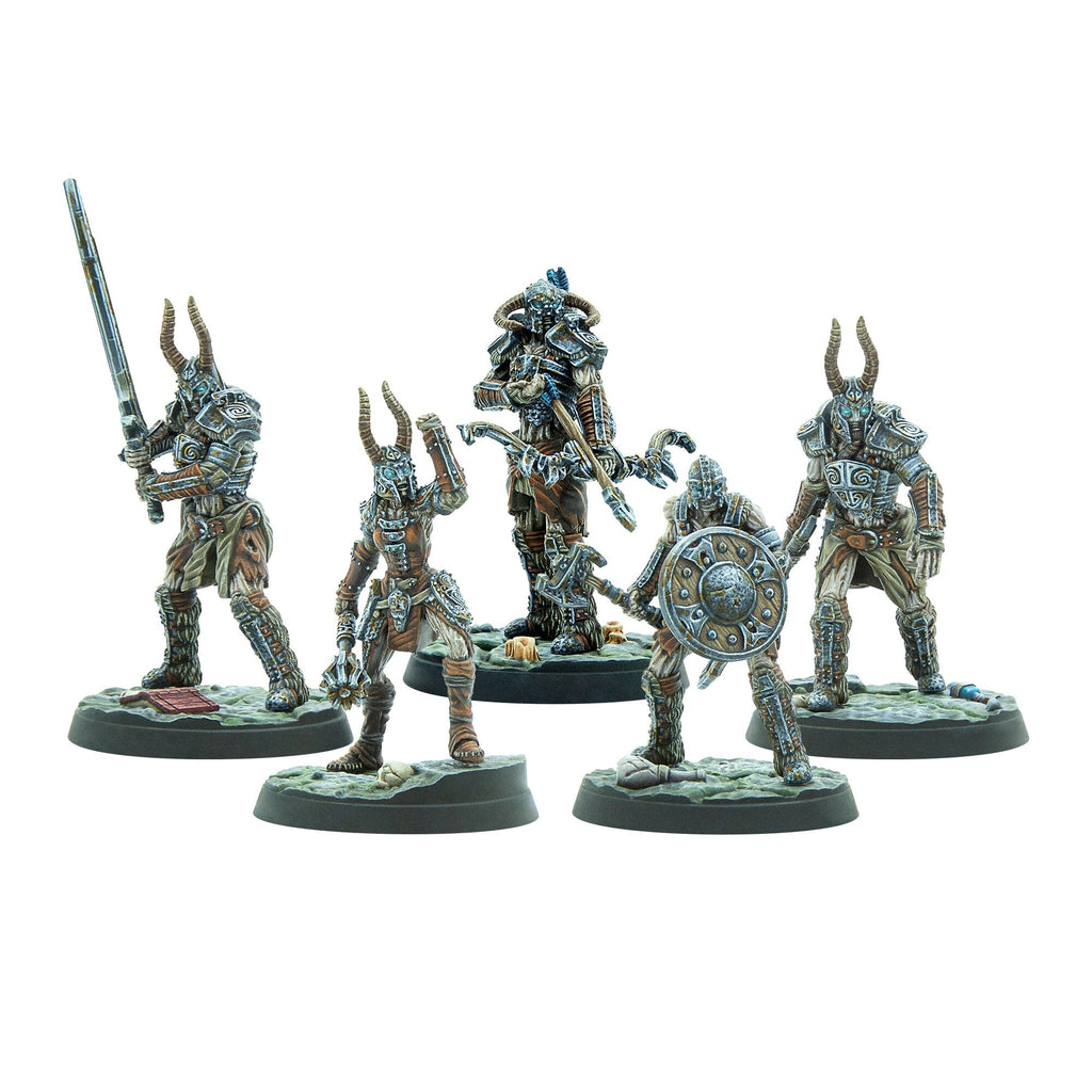 Five horned fantasy warrior miniatures in armor, holding various weapons like swords, bows, and shields, on display