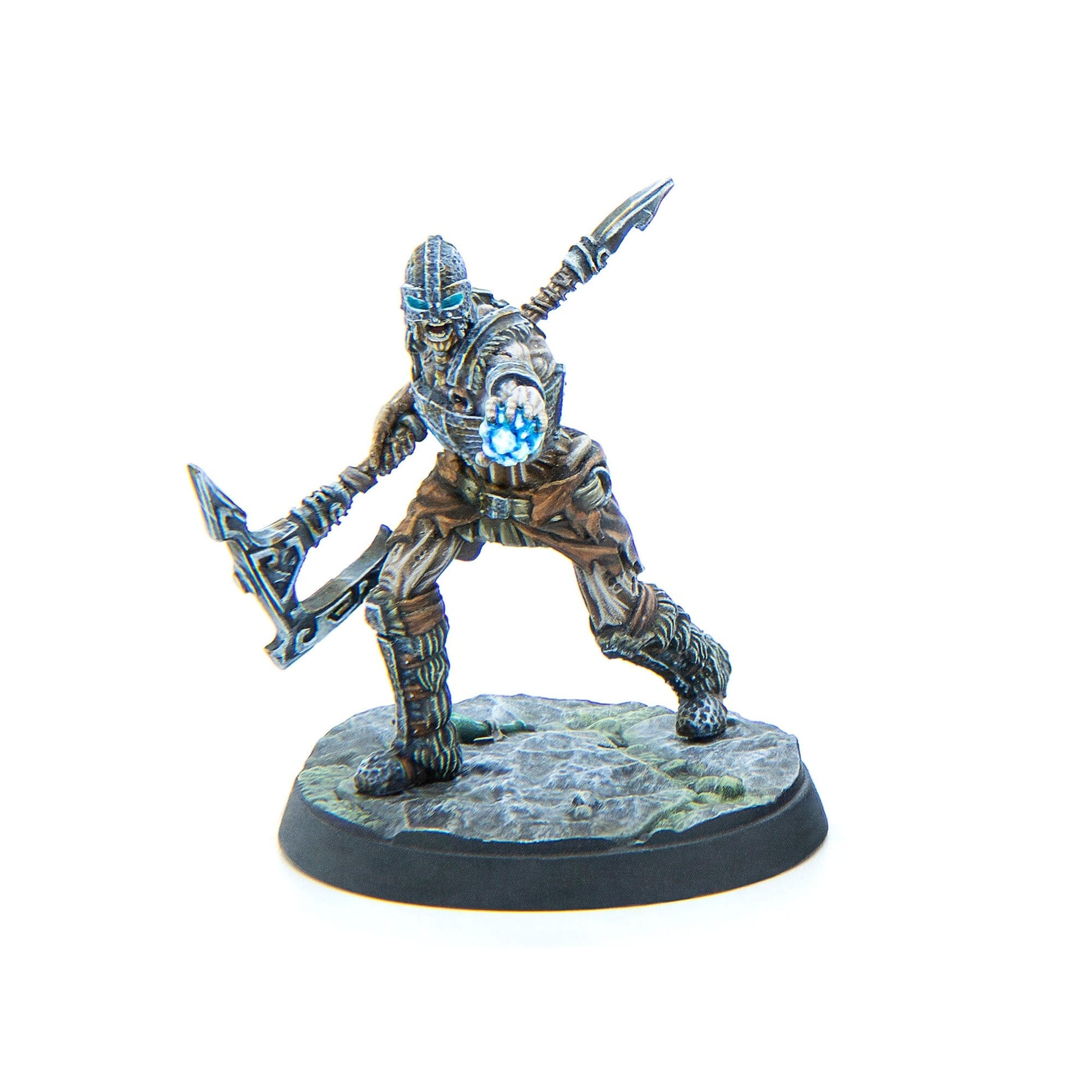 Armored sci-fi miniature with glowing blue eyes, holding a curved blade and casting a blue energy orb