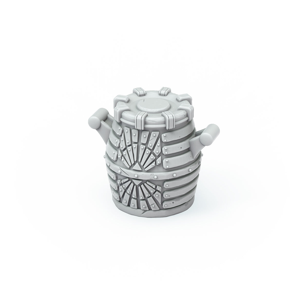 A gray, barrel-shaped sci-fi model with intricate riveted panels, radial designs, and a gear-like top