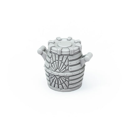 A gray, barrel-shaped sci-fi model with intricate riveted panels, radial designs, and a gear-like top