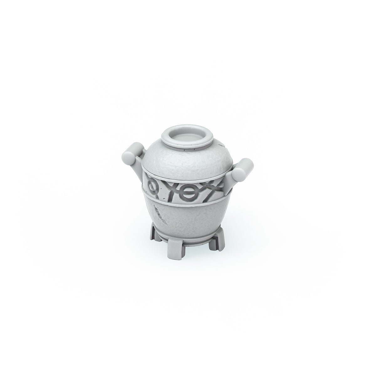 Gray textured urn with handles, four legs, and abstract carvings