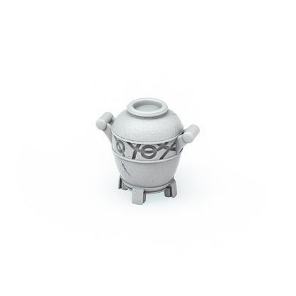 Gray textured urn with handles, four legs, and abstract carvings