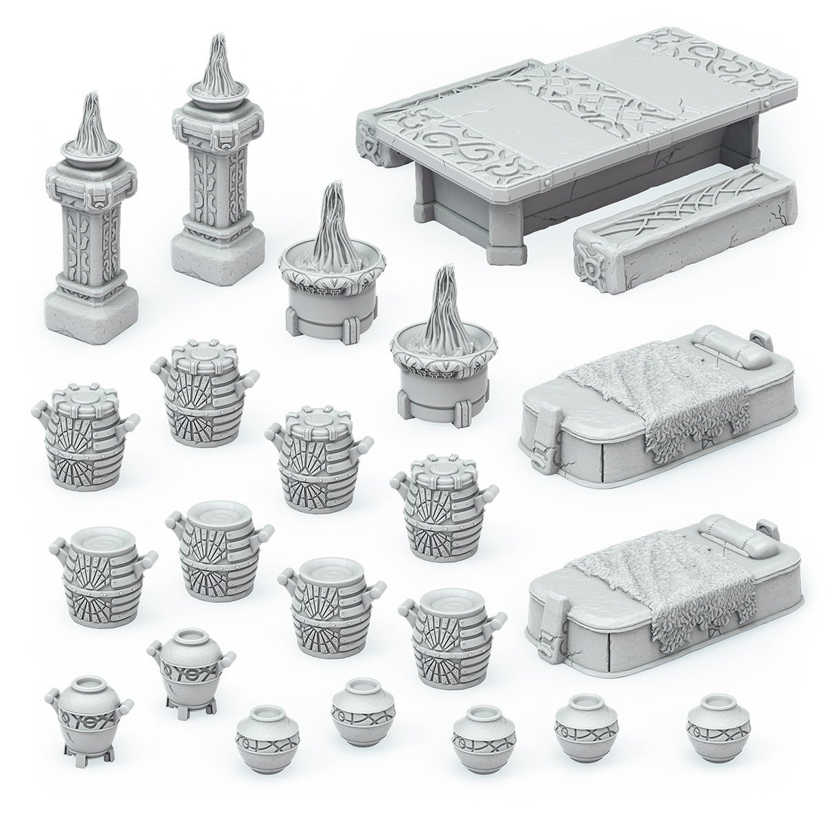 Unpainted gray fantasy tabletop miniature props: pillars, table, beds, barrels, braziers, and pots