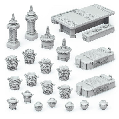 Unpainted gray fantasy tabletop miniature props: pillars, table, beds, barrels, braziers, and pots