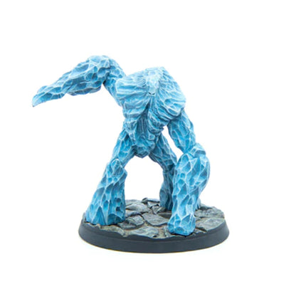 Blue ice elemental miniature with jagged texture and extended arm, on a rocky base.