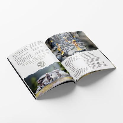 Open game rulebook displaying miniature warriors (left) and yellow creatures (right) on separate pages