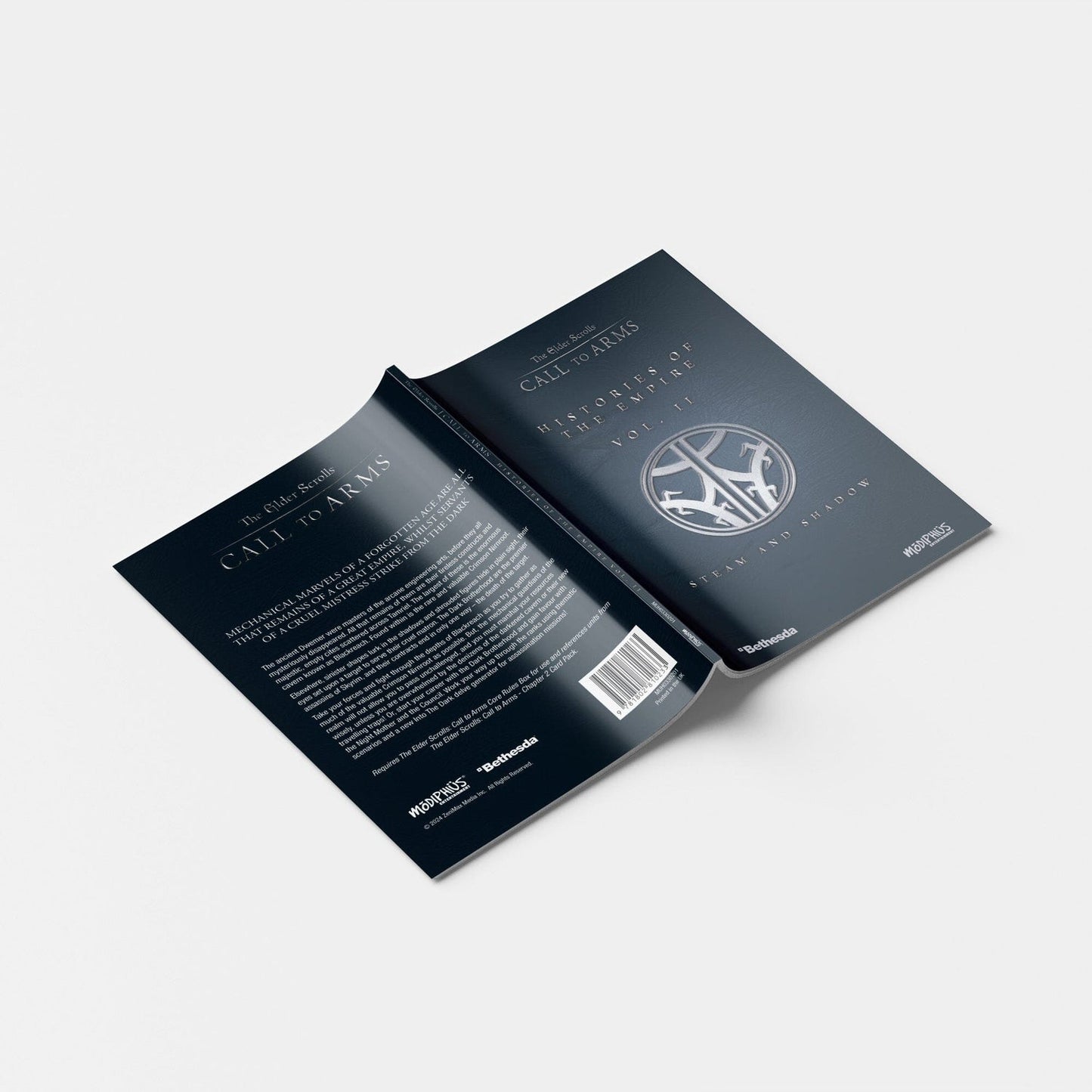 The Elder Scrolls: Call to Arms book, dark blue-grey with silver text, partially open
