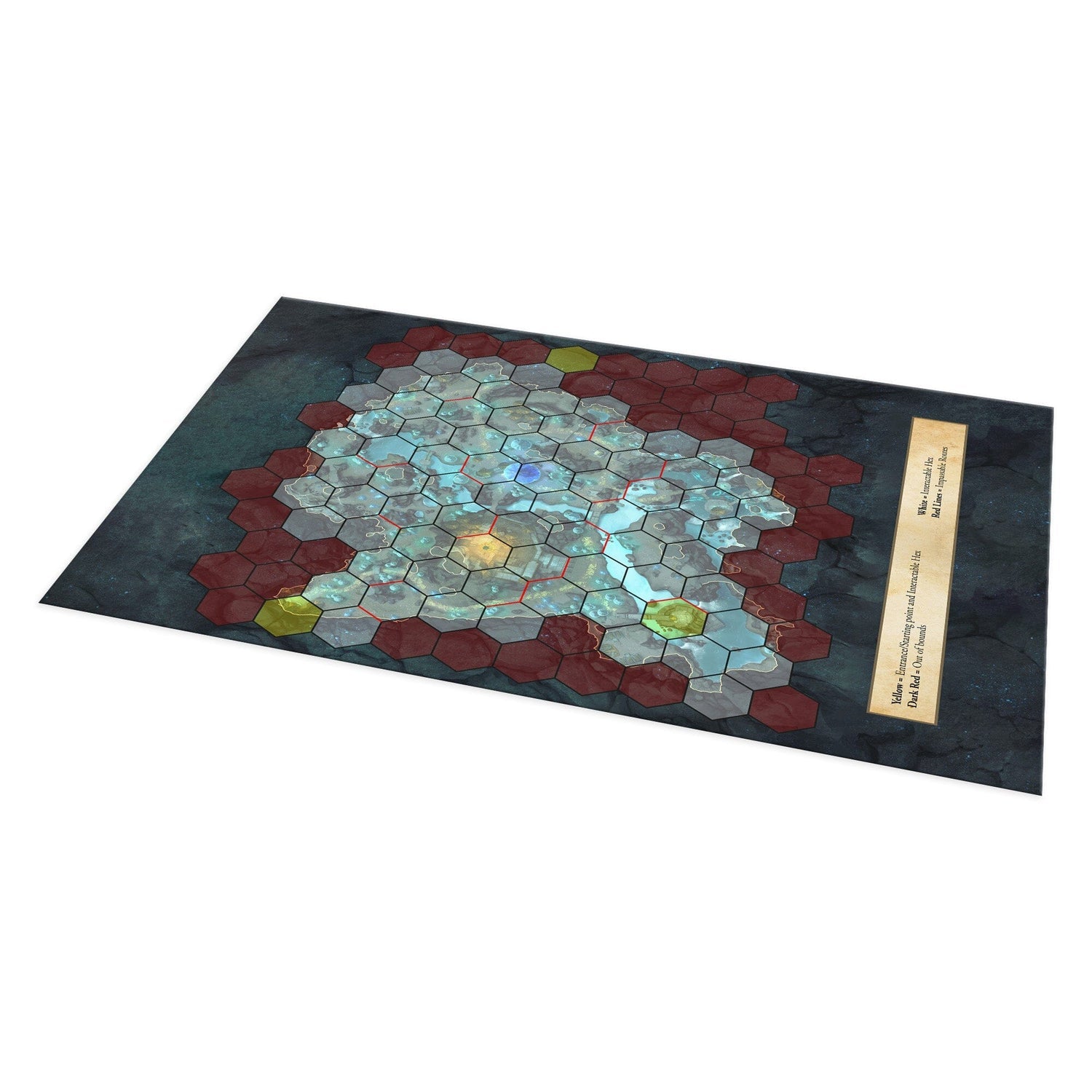 A hexagonal game board map with a central blue region, grey pathways, dark red borders, yellow starting points, and a legend