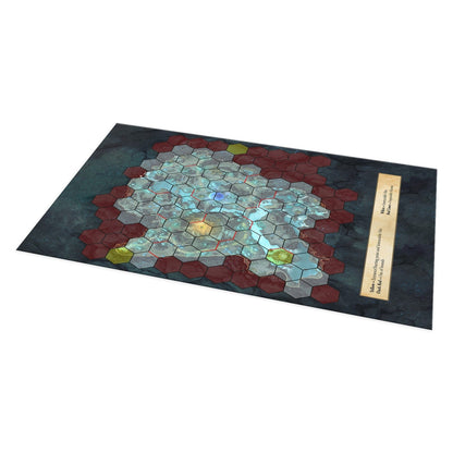 A hexagonal game board map with a central blue region, grey pathways, dark red borders, yellow starting points, and a legend