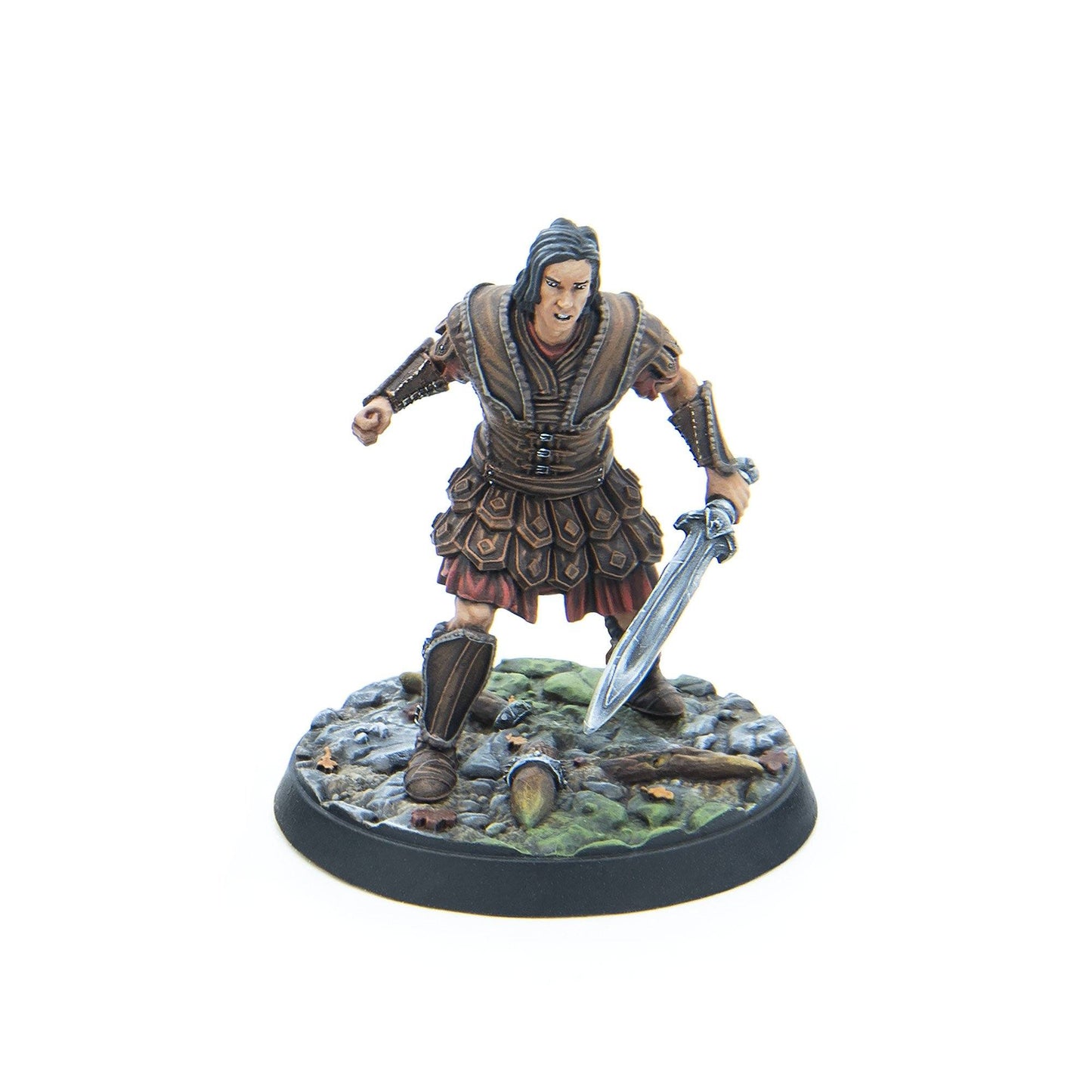 Painted miniature of a male warrior in brown leather armor, long hair, intensely holding a silver sword and clenched fist on a detailed base