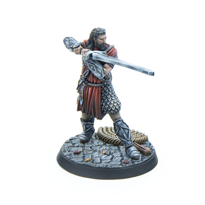 Painted miniature of a bearded warrior in red and grey armor, holding a crossbow in a ready stance
