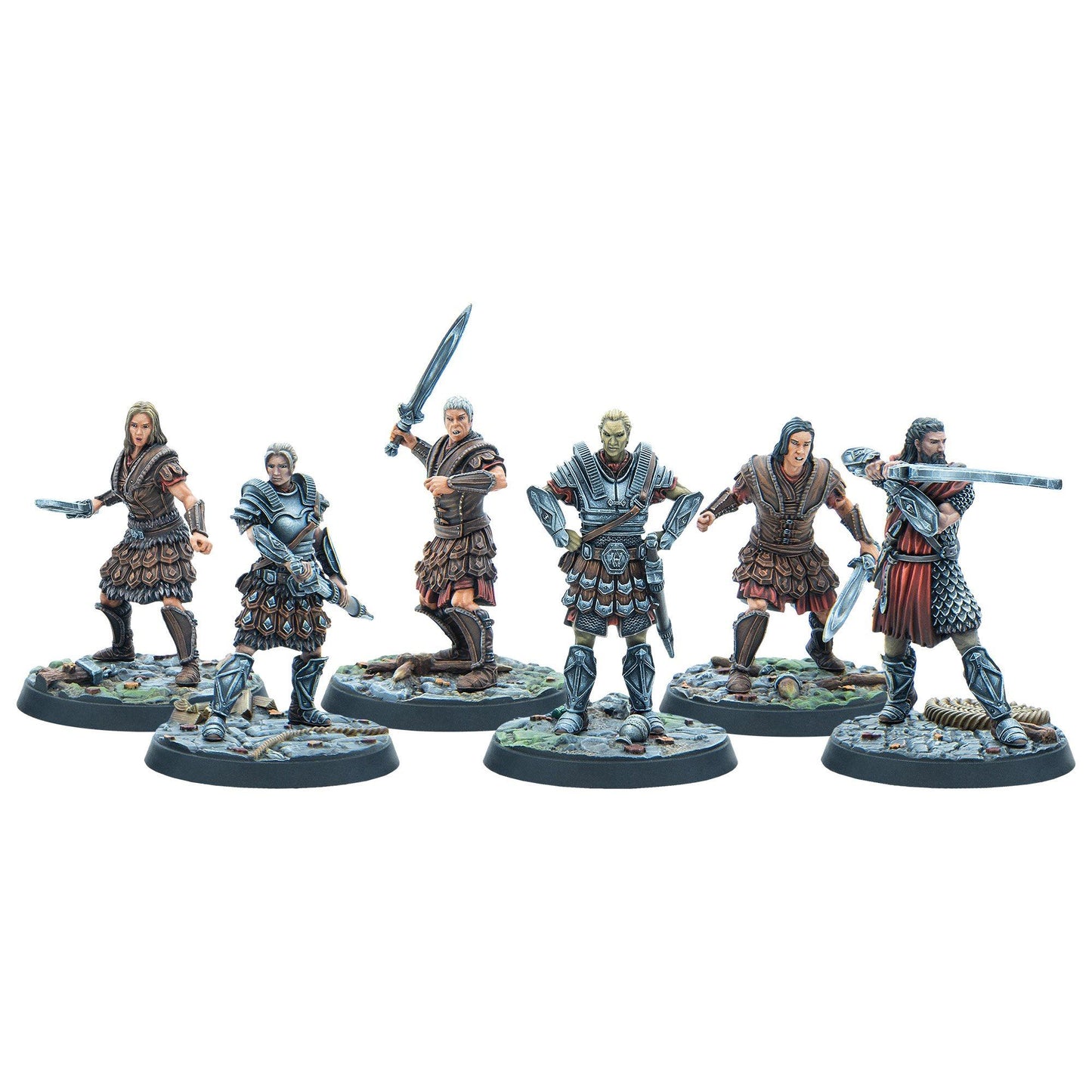 Six detailed fantasy warrior miniatures, including two women, armed with swords and a crossbow, posed for action