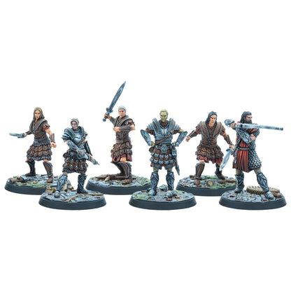 Six detailed fantasy warrior miniatures, including two women, armed with swords and a crossbow, posed for action