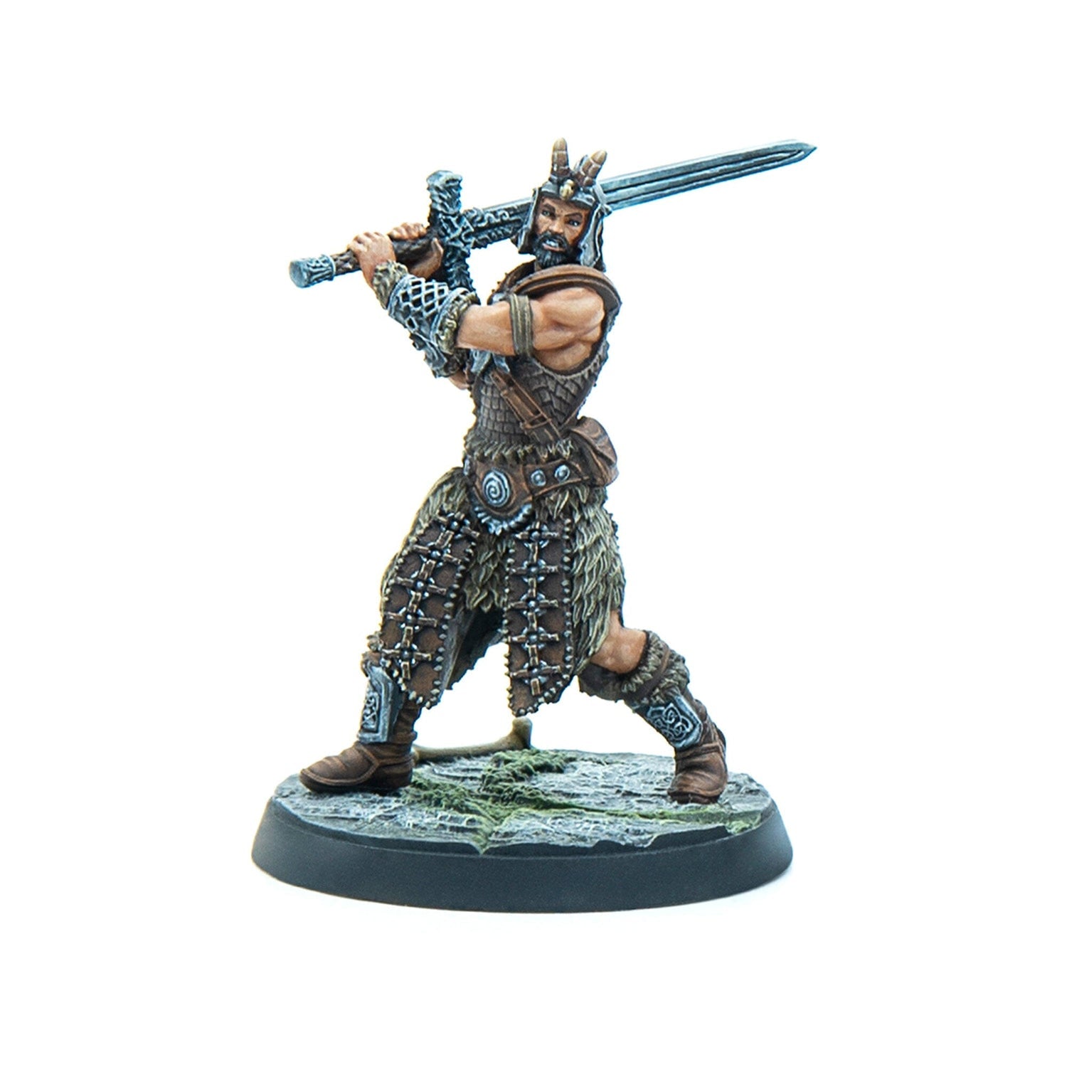 Tabletop miniature of a bearded warrior in horned helmet and fur armor, wielding a two-handed sword over his head.