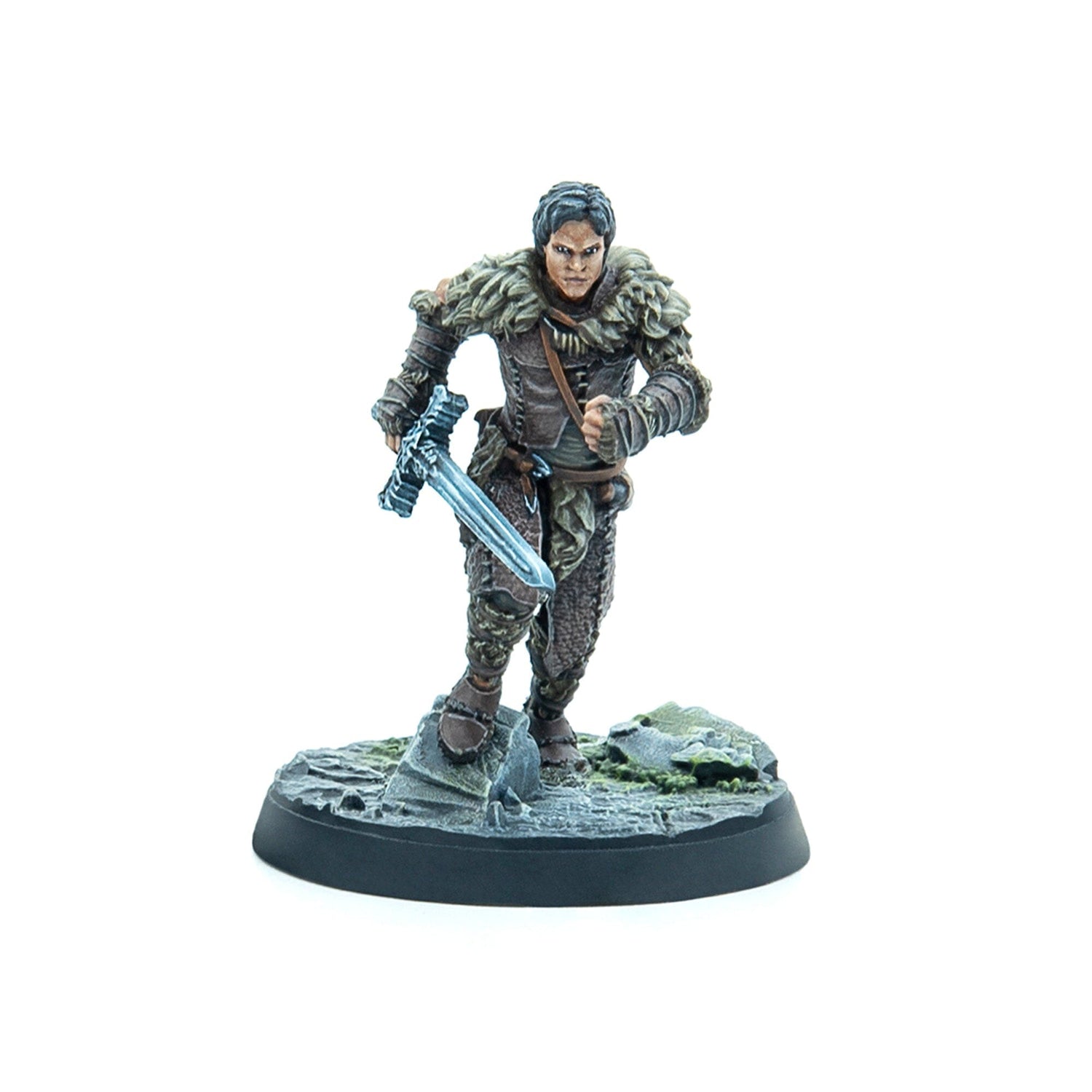 A painted fantasy miniature of a warrior in fur armor, lunging forward with a glowing blue sword.
