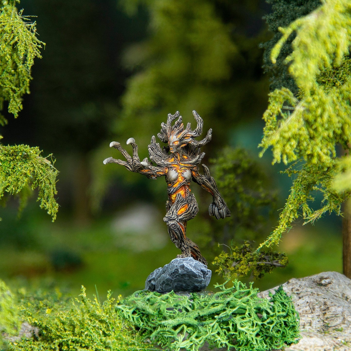 Miniature tree spirit, with glowing orange cracks and bark skin, stands on a rock in a mossy forest, reaching out