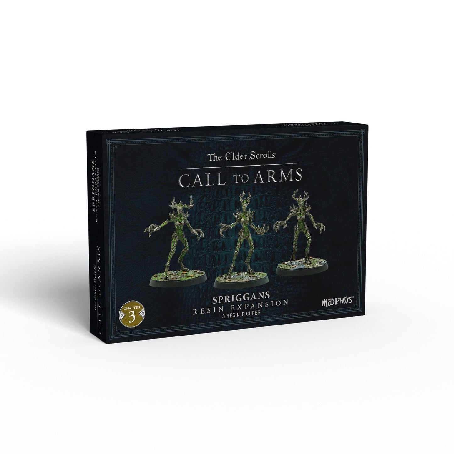 The Elder Scrolls Call to Arms Spriggans Resin Expansion box, featuring three green Spriggan miniatures