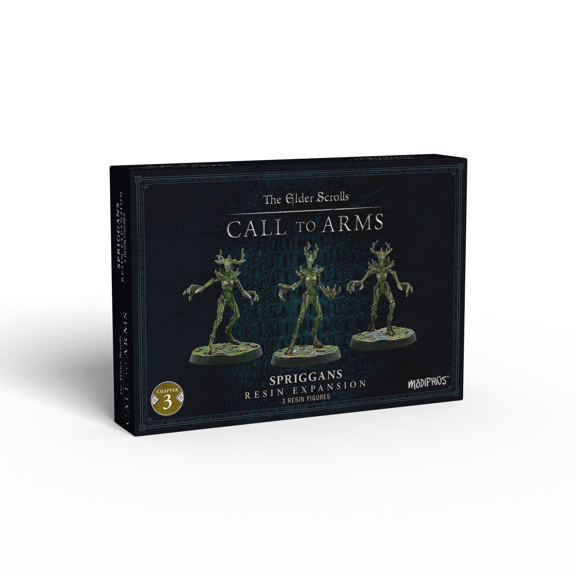The Elder Scrolls Call to Arms Spriggans Resin Expansion box, featuring three green Spriggan miniatures