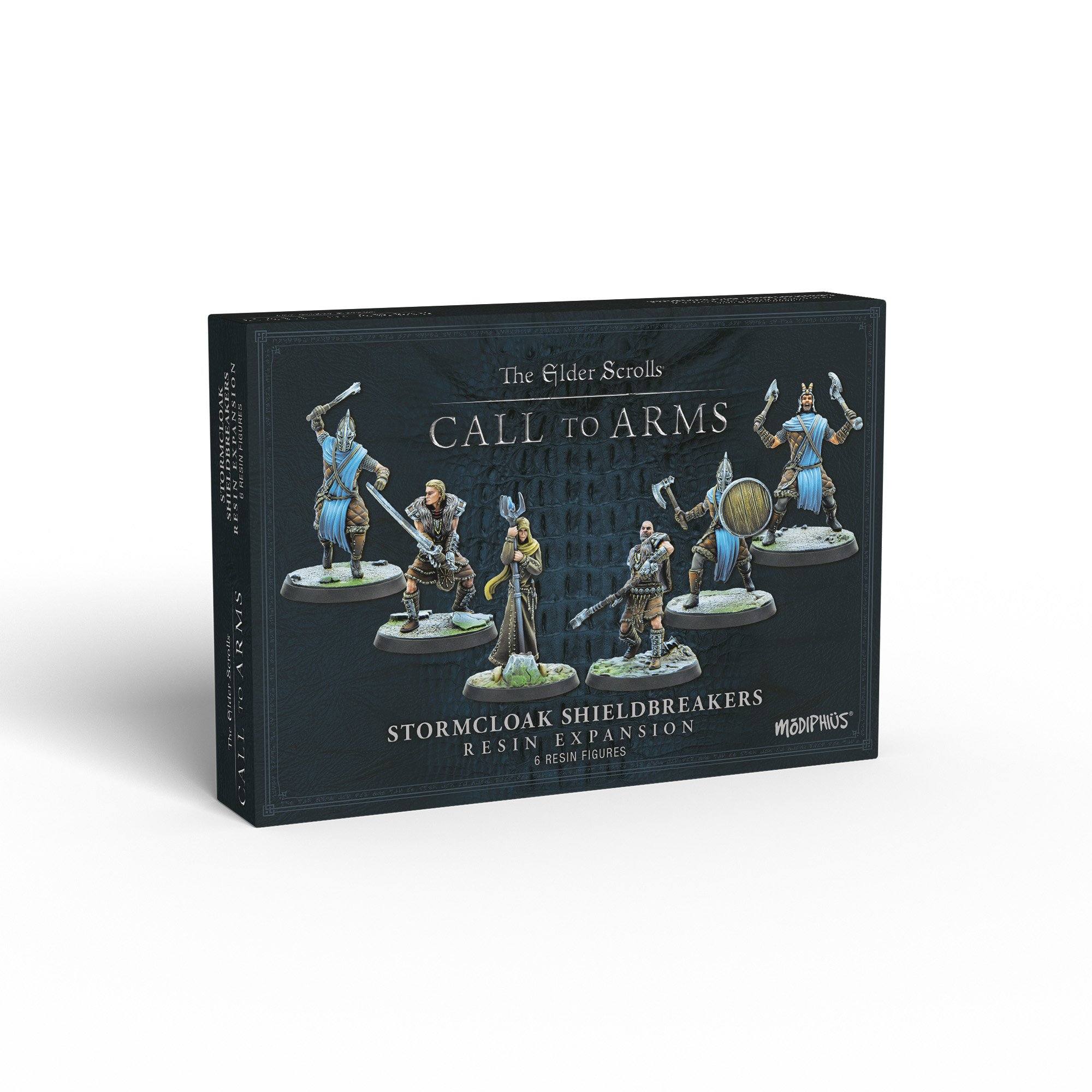 A game box for "The Elder Scrolls Call to Arms," featuring six dynamically posed Stormcloak warrior miniatures