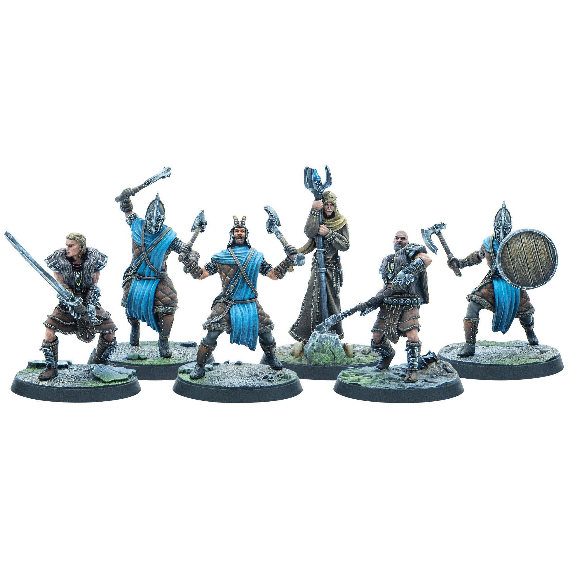 Six fantasy warrior miniatures in action poses, armed with swords, axes, a shield, and a staff