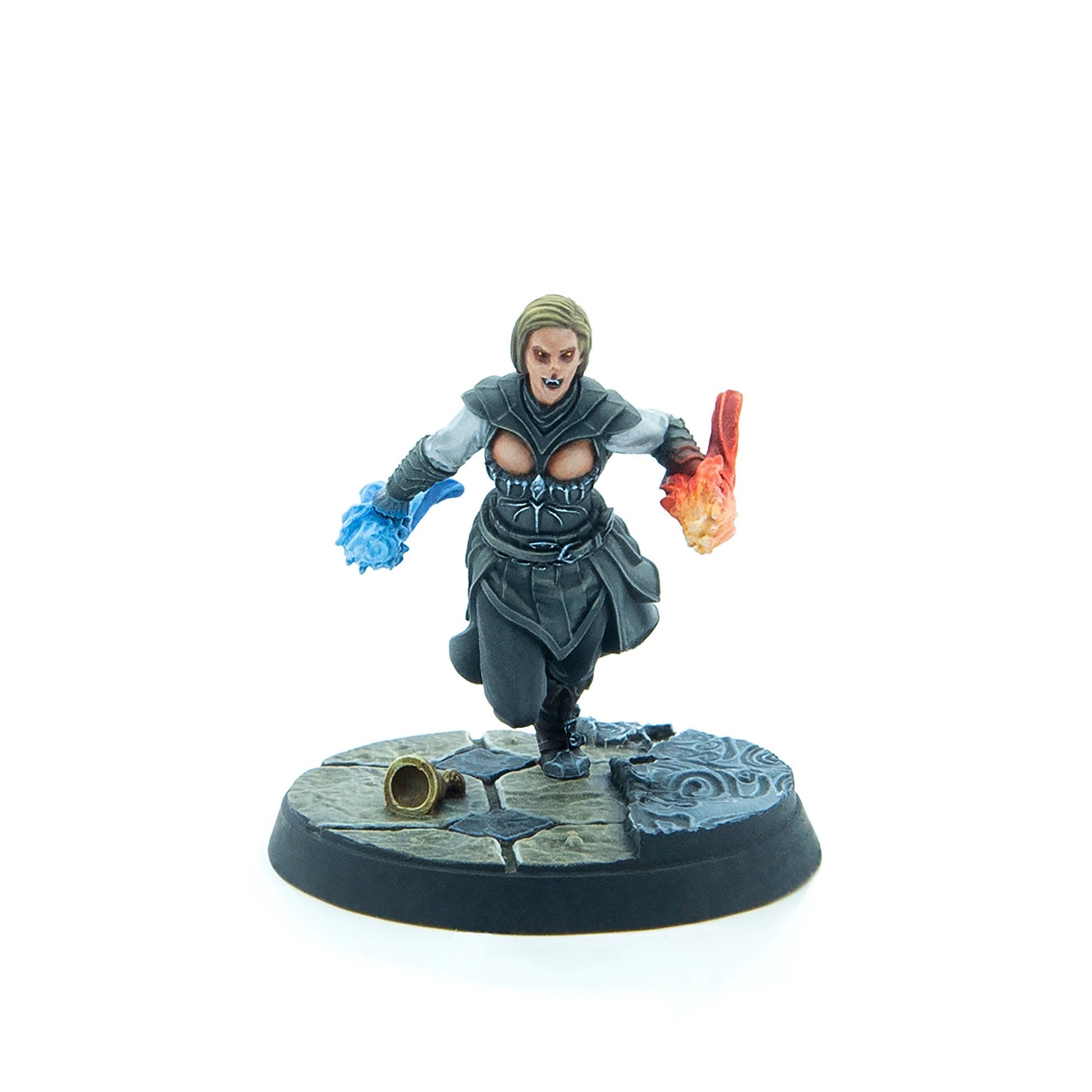 A running female miniature in dark armor, casting blue ice from her left hand and red fire from her right