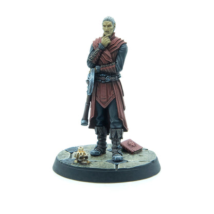 A fantasy miniature depicts a pale man in red robes, standing thoughtfully with hand on chin