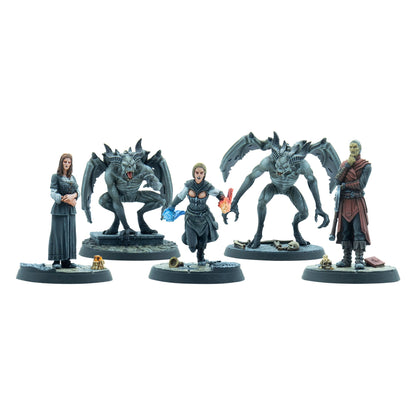 Five fantasy miniatures: A female spellcaster conjures blue and orange magic, flanked by two winged demons