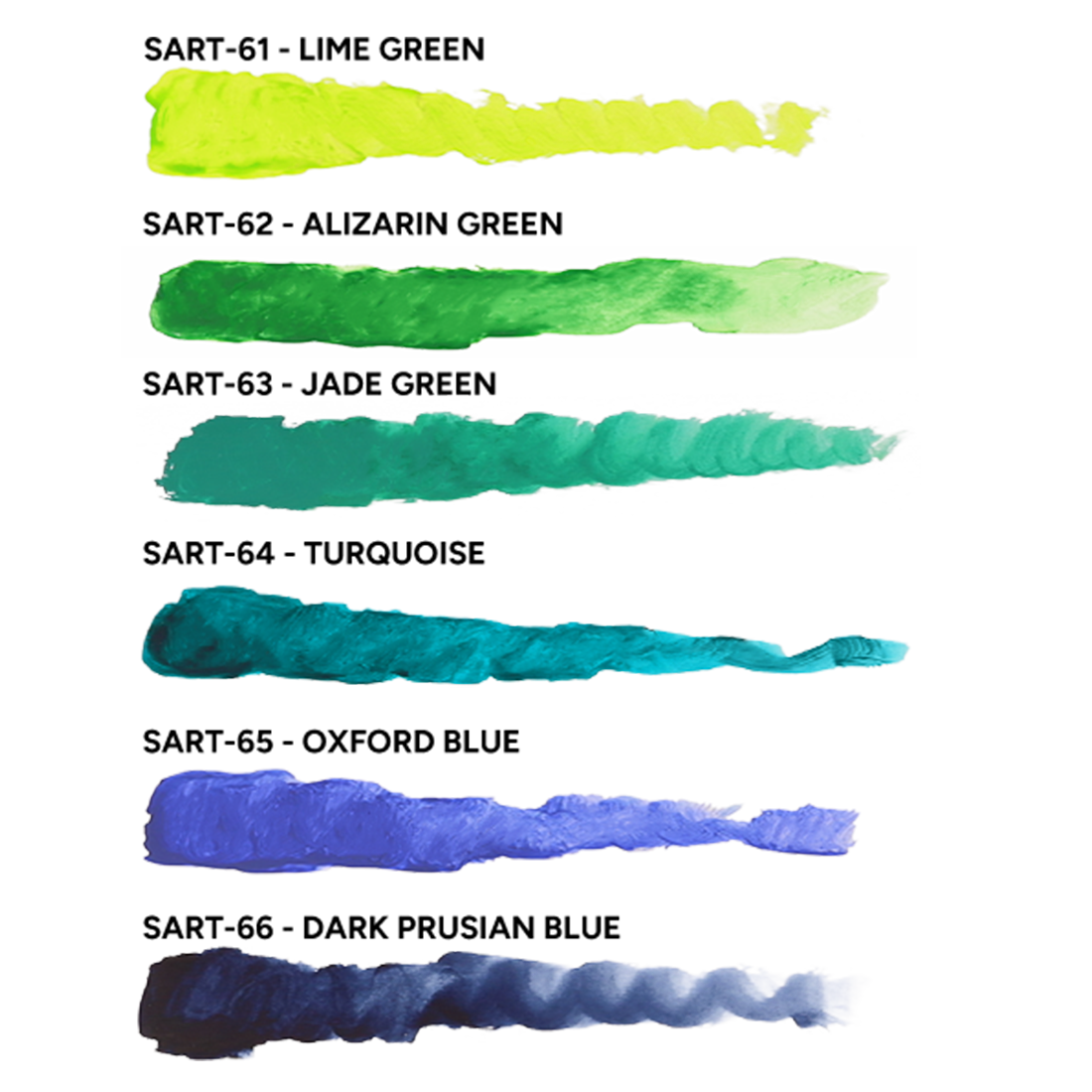Six paint strokes on gray, showing colour transitions from opaque to sheer. Colours: lime, green, teal, turquoise, and two blues.