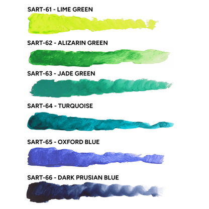 Six paint strokes on gray, showing colour transitions from opaque to sheer. Colours: lime, green, teal, turquoise, and two blues.